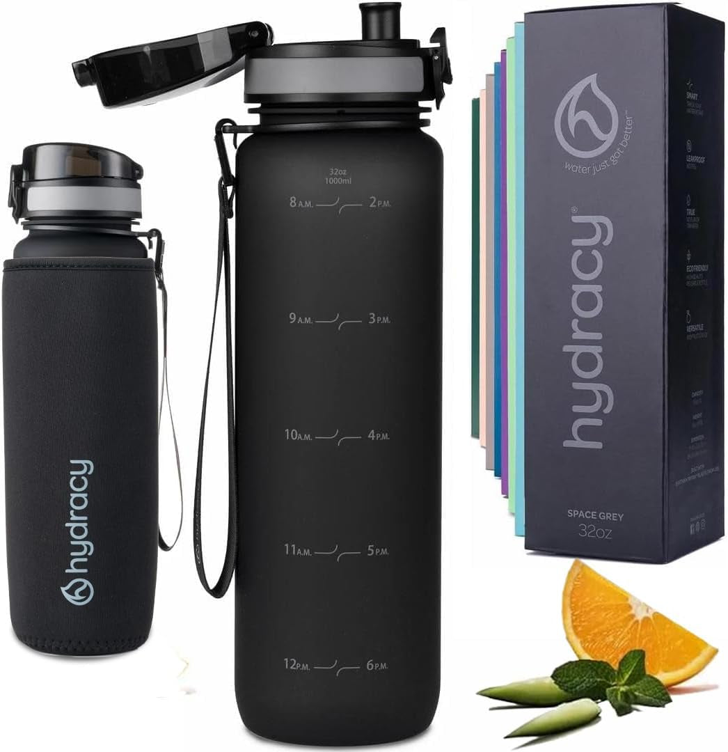 Water Bottle with Time Marker -Large BPA Free Water Bottle & No Sweat Sleeve -Leak Proof Gym Bottle with Fruit Infuser Strainer & Times to Drink -Ideal for Fitness Sports & Outdoors